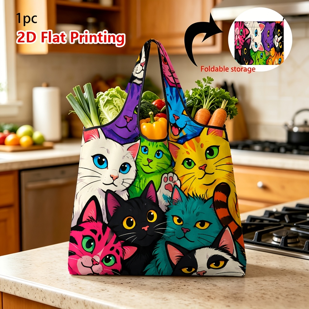 TEMU (2d Printed Design Not Textured) 1pc Reusable Grocery Bags Foldable Colorful Cats Pattern Portable Shopping Bag