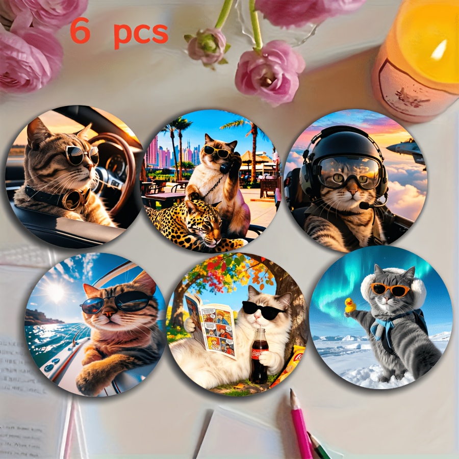 TEMU 6pcs Set Of Cute Tea Drinking Series Coasters, Each With A Different Cat Pattern Coffee Cup Mat, Wooden Coasters, Heat-resistant Pads, Essential