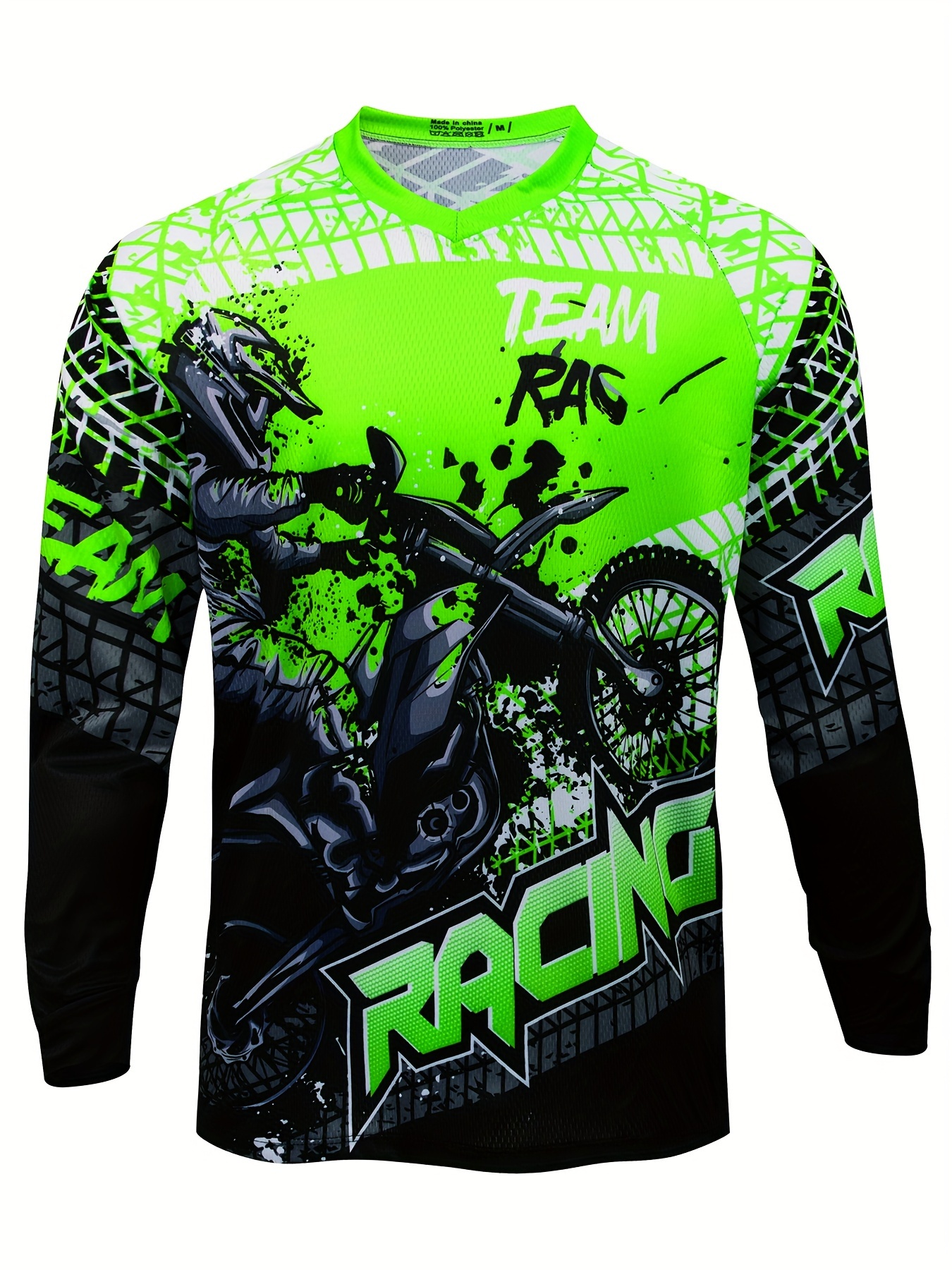 *'s Long Sleeve MTB Racing Jersey Full Coverage with Neon Green  Motorcycle Graphic, Sweat-Wicking Breathable Polyester Racing Suit for  Mountain