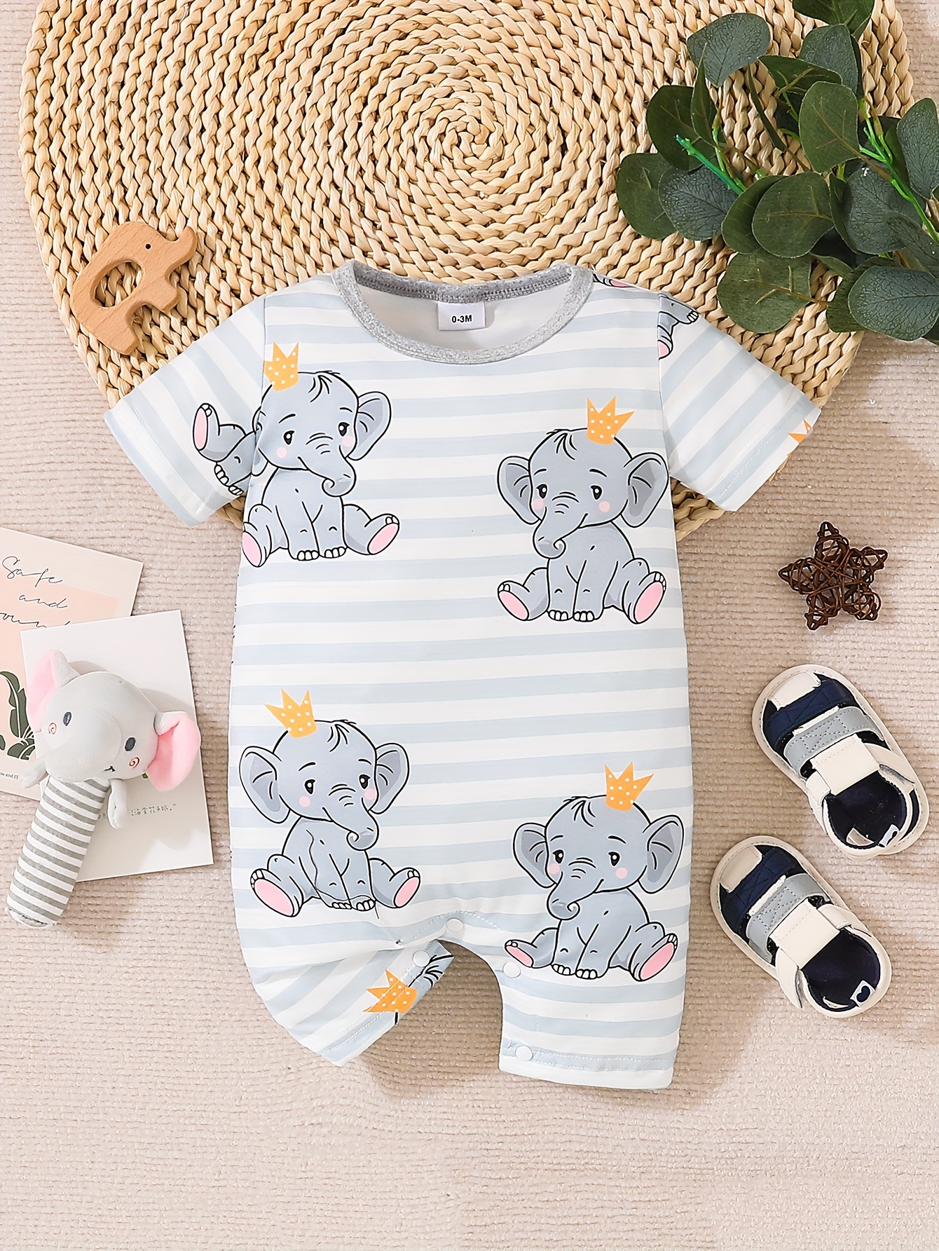 Infant's Cartoon Prince Elephant Pattern Bodysuit, Casual Short Sleeve  Onesie, Baby Boy's Outdoor Clothing