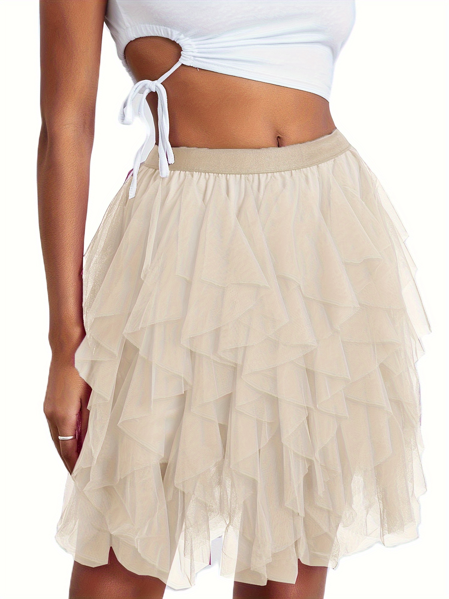 Women Tulle Tutu Skirt Solid Color Elastic Layered Mesh Fairy A-Line Skirt  for Beach Party Streetwear 3pcs