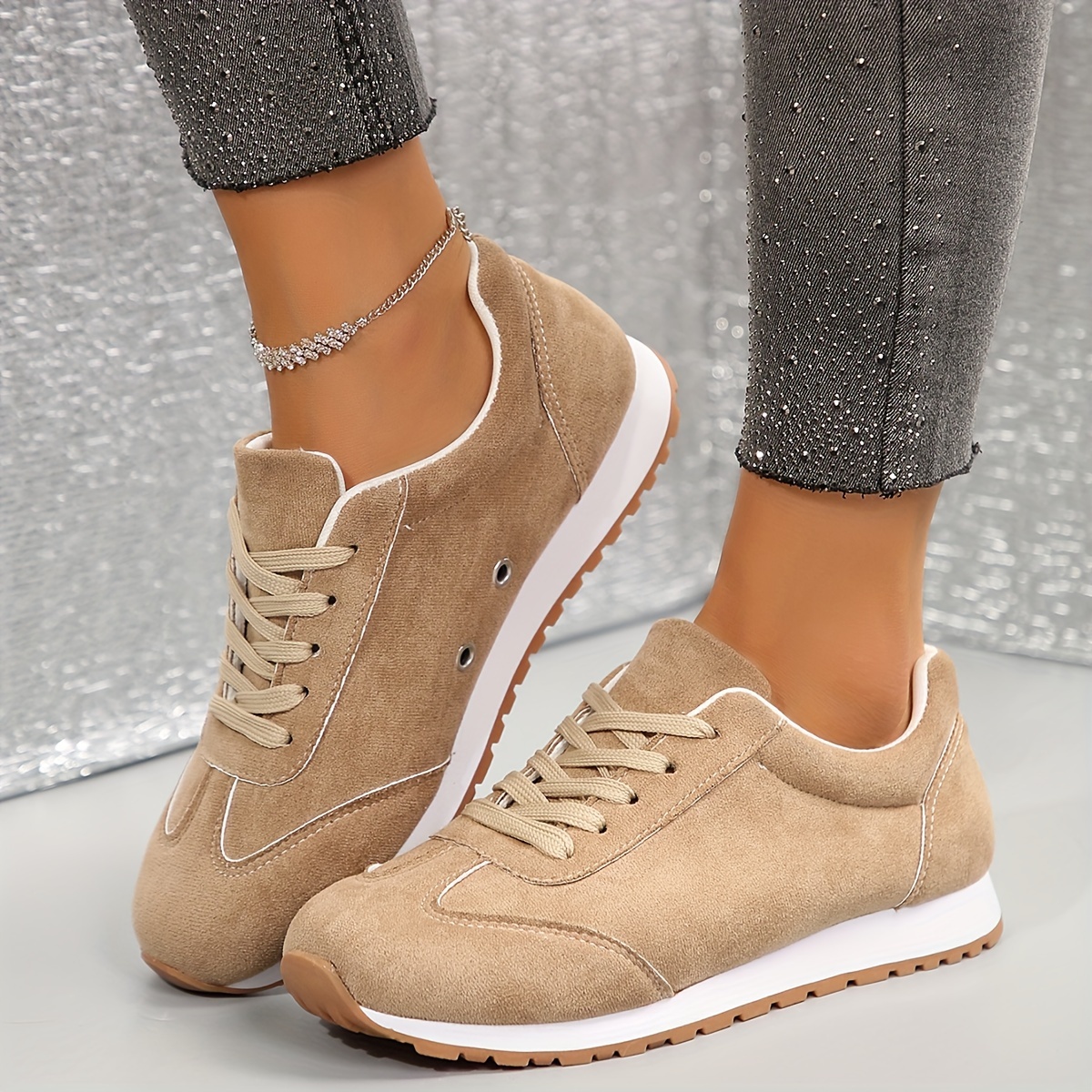 damesmode sneakers in   beige comfortabel lichtgewicht ademend veterschoenen met zachte stoffen bovenkant en tpr   beige fluweel beige fluweel mode ademend casual sportschoenen 32   9