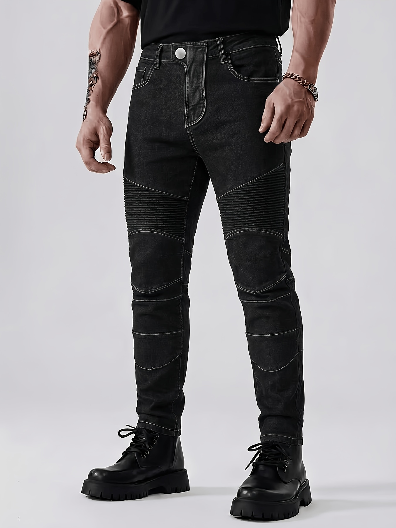 mens black motorcycle pants with knee reinforcement stretch   fit multi pocket cargo trousers streetwear biker pants