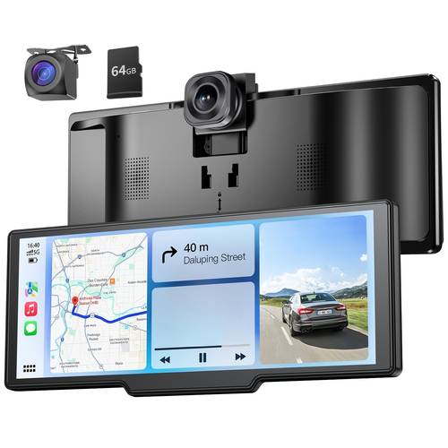 10 26 inch 4k carplay portable touchscreen with front and rear cameras 64gb recording ultra hd touchscreen reversing camera dash cam wireless connection gps navigation supports carplay and auto link