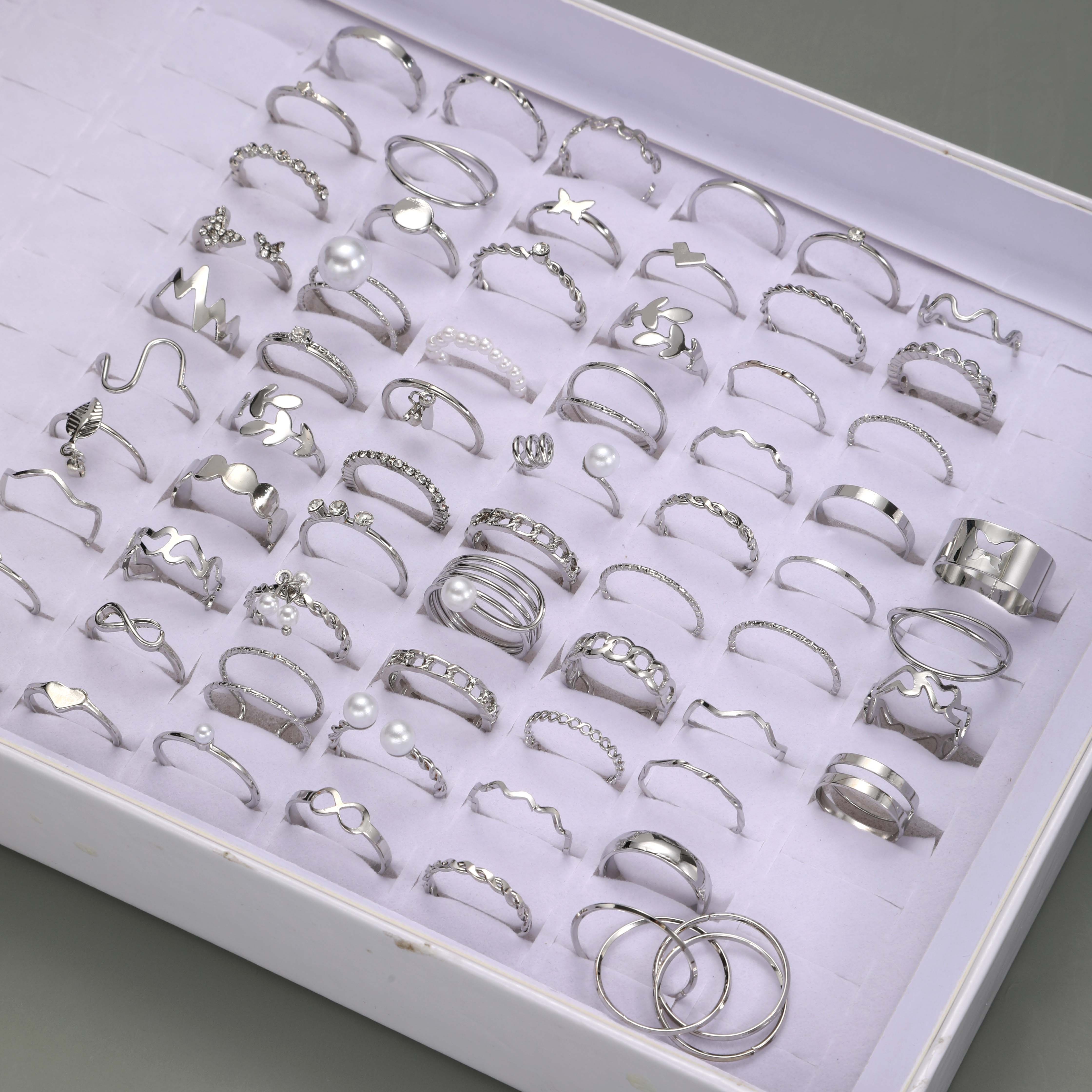 64pcs Gothic Silver Openwork Stackable Ring Set for Girls