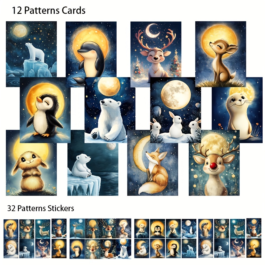 Image of 44pcs Card And Sticker Set, Animal Theme With Moon Night, Christmas Deer Ptterns, For Holiday Party Flag Diy, Bottle, Album Decor, Greeting Card, Scrapbooking, Paper Craft, Junk Journal, Backgroud Pad