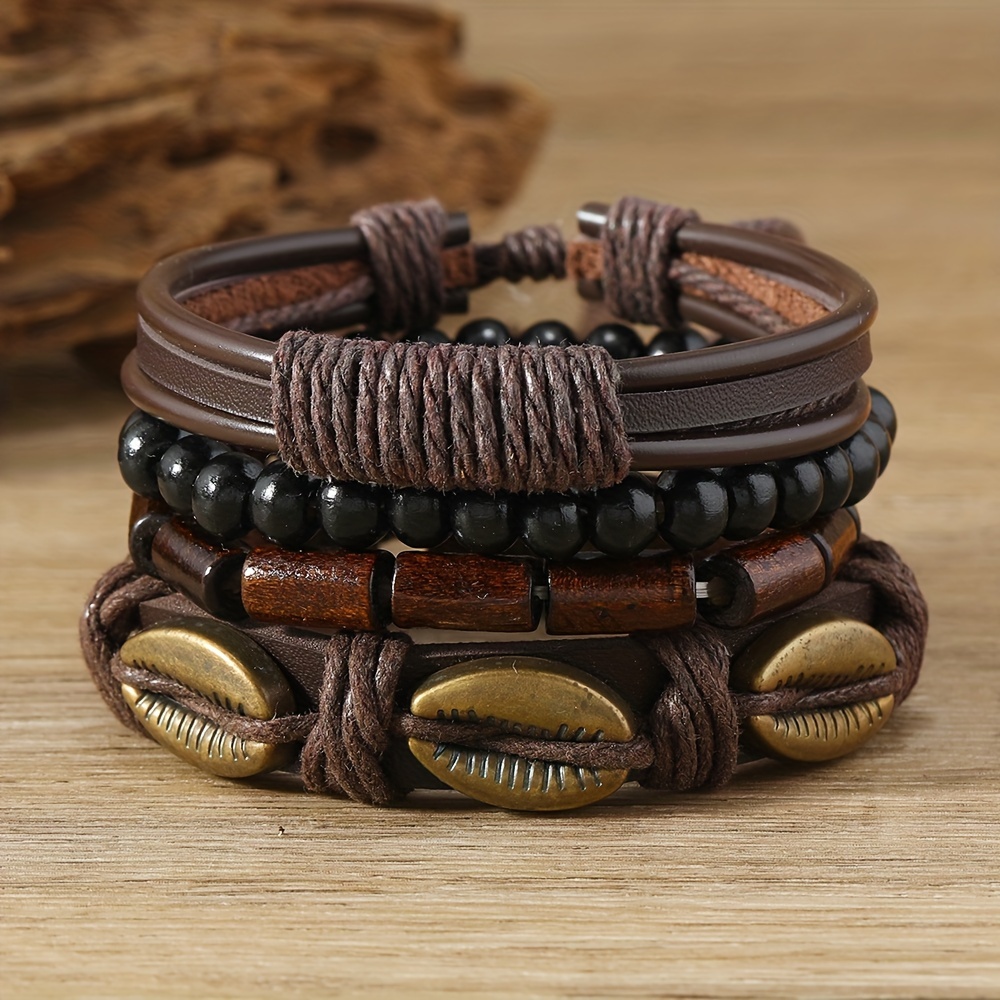 Vintage Beaded Shell Charm Leather Bracelet Set