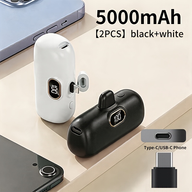 Image of 2 Pack -in Portable Charger 5000mah, Pocket Size Power Bank With Led Digital Battery Display, Lightweight Emergency External Battery Compatible With Type-