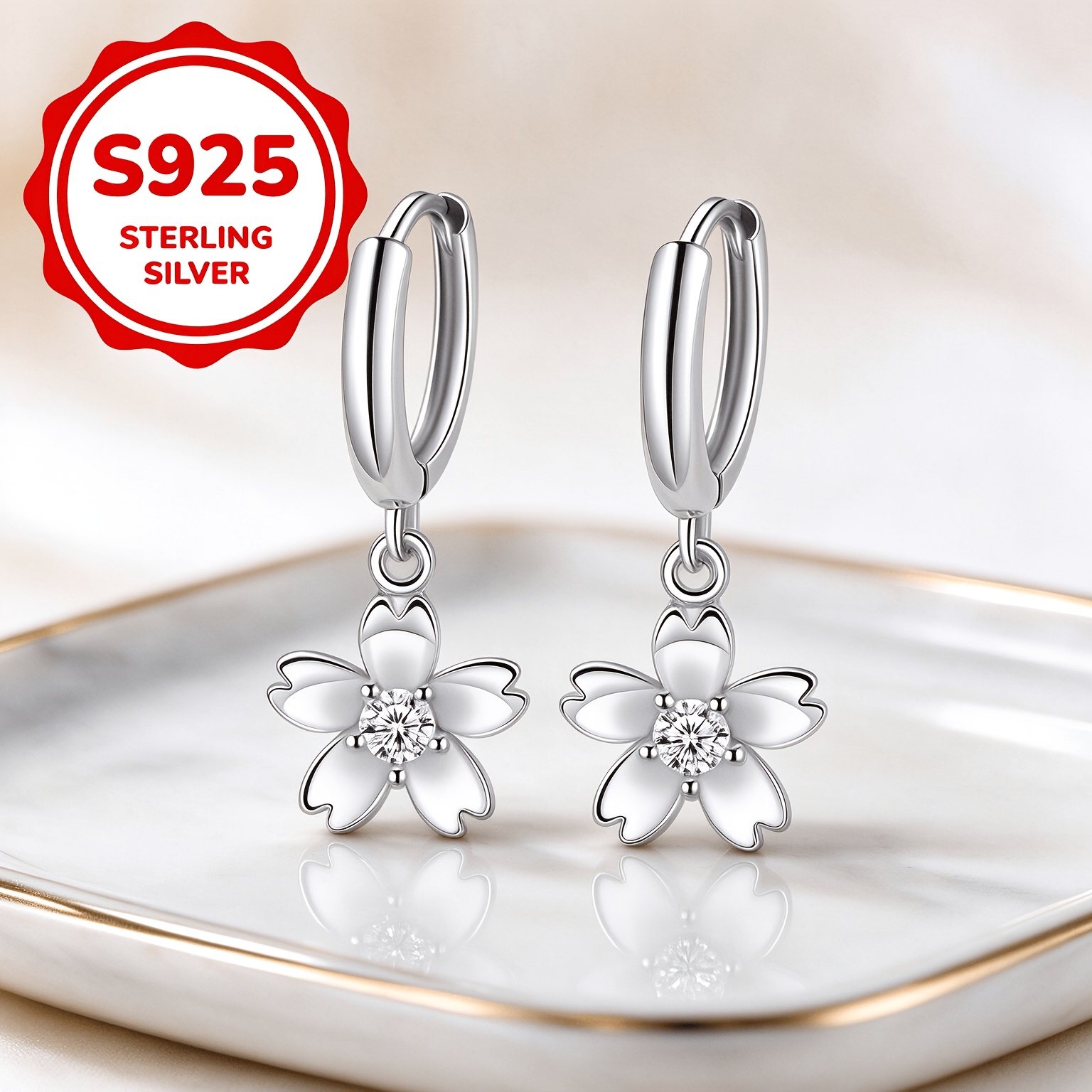 Women's 925 Silver Petal Drop Earrings, Heart Design