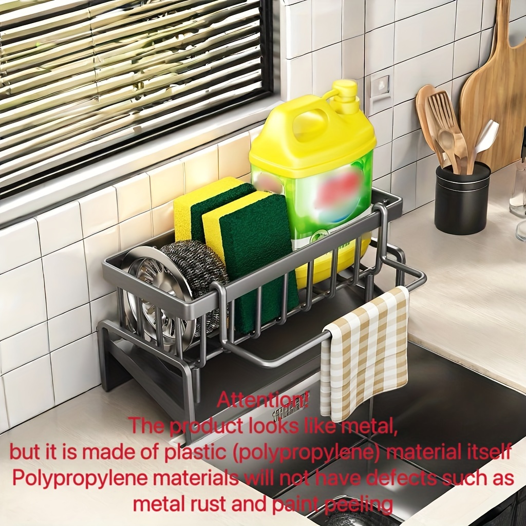 

Kitchen Sink Organizer Caddy, Plastic Sponge Dish Soap Holder, Non-food Contact Scouring Pad Drain Rack With Tray - Grey