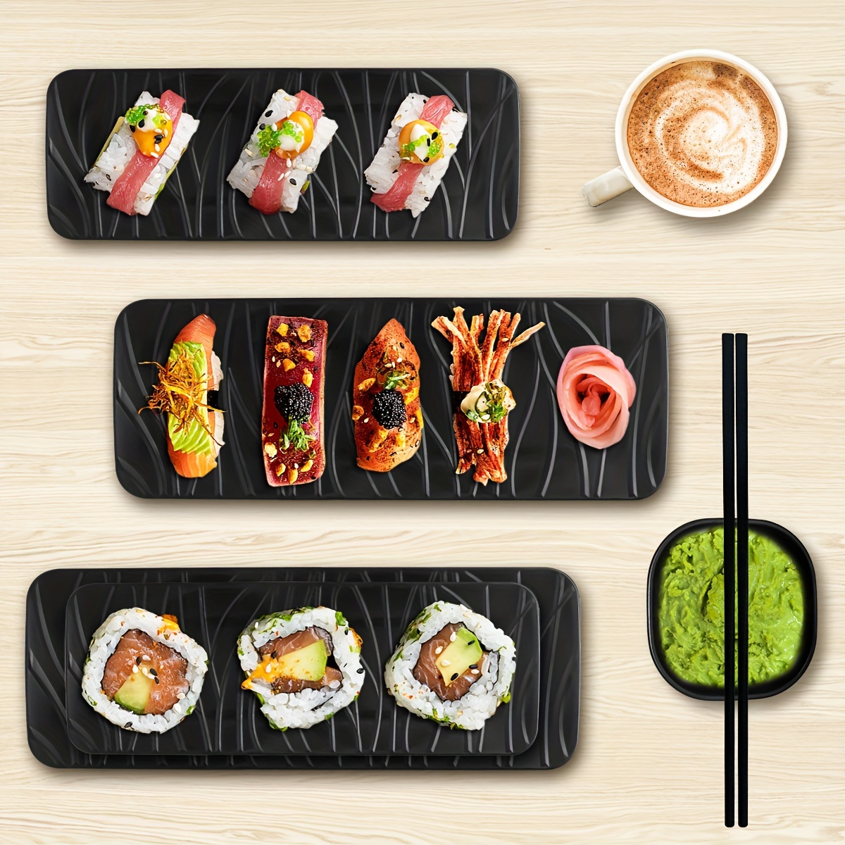 

6-piece Japanese Sushi Serving Set - Includes Plates, Dipping Bowls & Black Chopsticks For Home And Restaurant Use