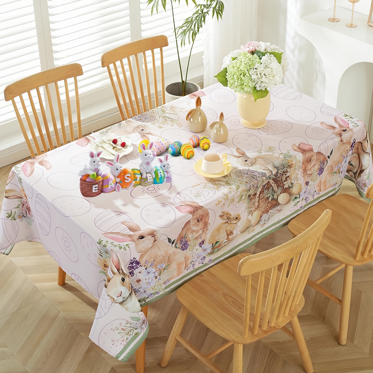 

Easter Bunny And Eggs Tablecloth, 100% Polyester, Machine Washable, Stain Resistant, Square Table Cover, With For Dining, Parties, And Holiday Decorations