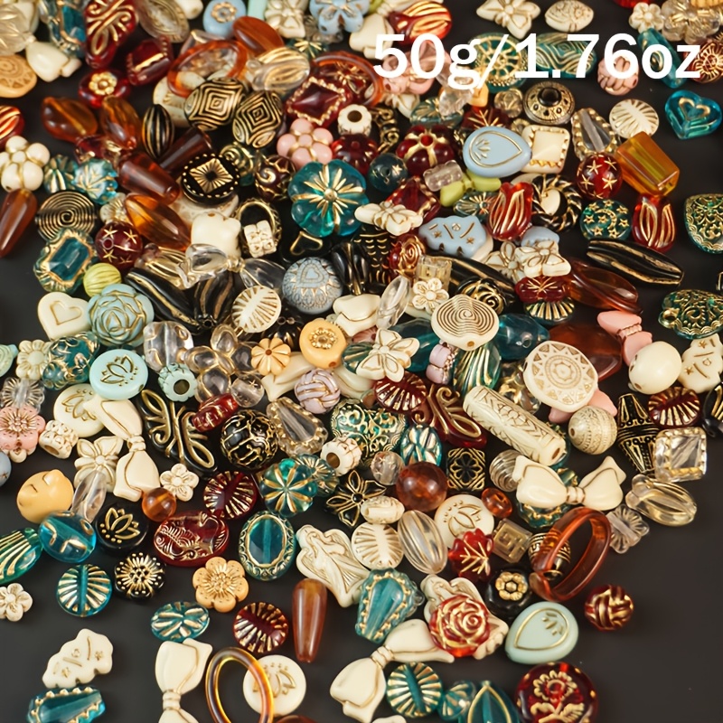 Image of 50g Vintage Baroque Gilded Beads, About 75pcs Sketch Bracelets Beads, Vintage Style With Holes For And Bracelet Crafting, 8-30mm Random Mixed Color Beads, 4pcs Bracelets, Heart & Beads, Ideal For Diy