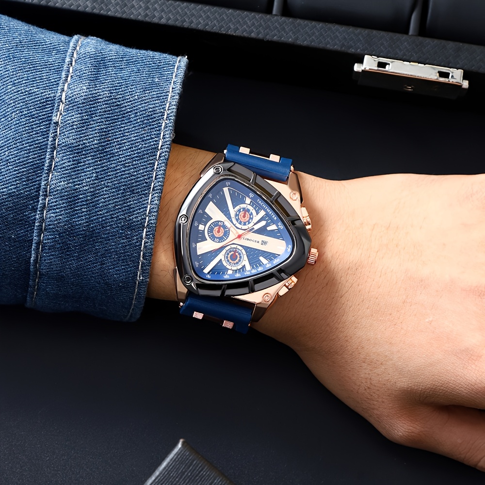 3pcs Set Men'S Quartz Watches with Silicone Strap & Date Display - Classic Triangular Dial, & Golden-Tone Case, Non-Rechargeable Battery, Casual & Sporty Wear