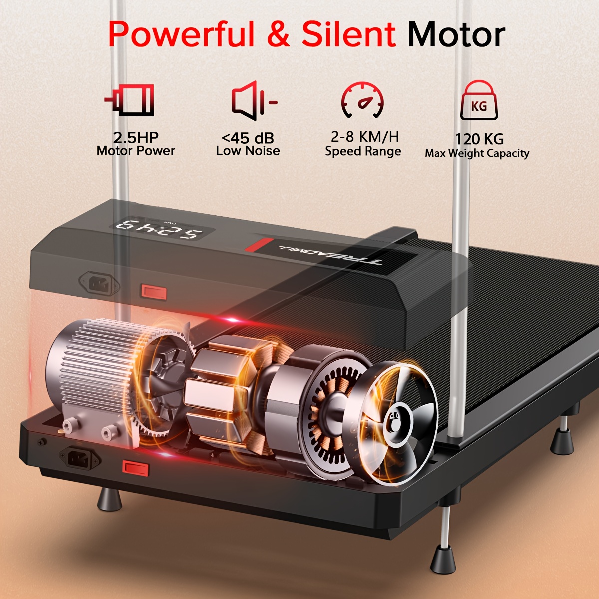 Walking Pad Treadmill, Walking Jogging Machine with 2.5HP Powerful Motor & 120kg Weight Capacity for Home Office with Double Shock Absorption, Widened Running Belt, Ultra Quiet & Small Installation-Free, Remote Control, LED Display, Without Battery