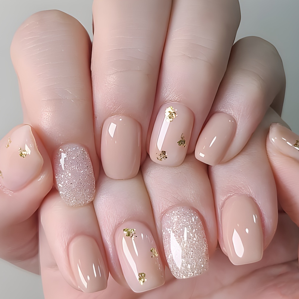

24 Pcs Short Press On Nails Pink Glitter French Style Fake Nails Artificial Finger Manicure False Nails