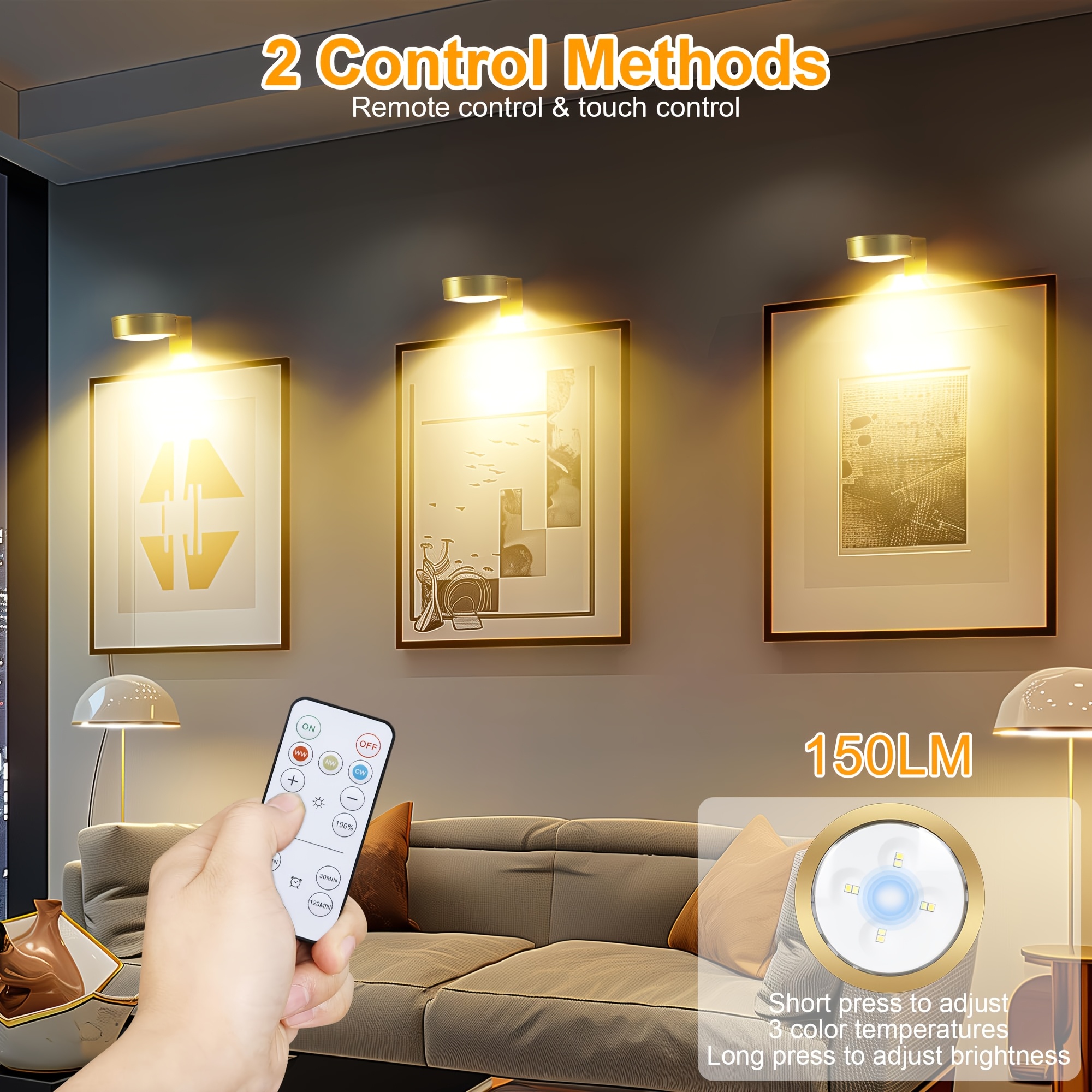 YAQIIHOME Battery-Operated Picture Light – Gold, Magnetic Mount, Remote Control, Dimmable, 300 Lumens