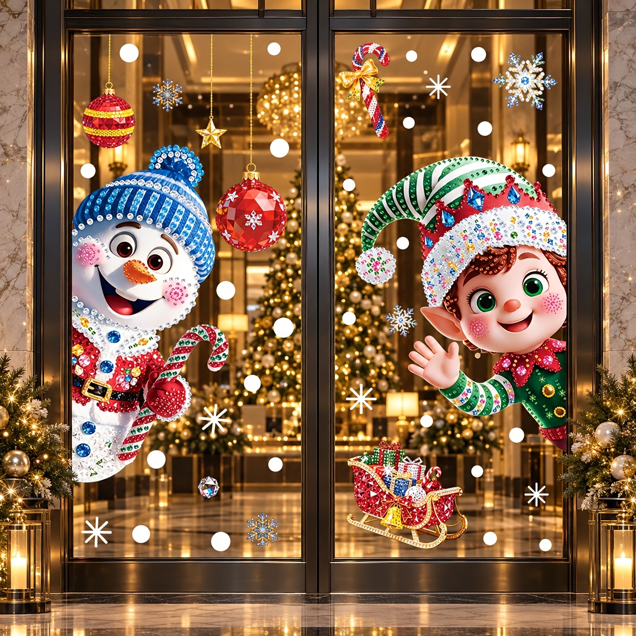 TEMU 2pcs Christmas Iridescent Rhinestone Effect Cartoon Static Cling Decals, Featuring Snowman And Elf Peeking Out Design, Suitable For Display