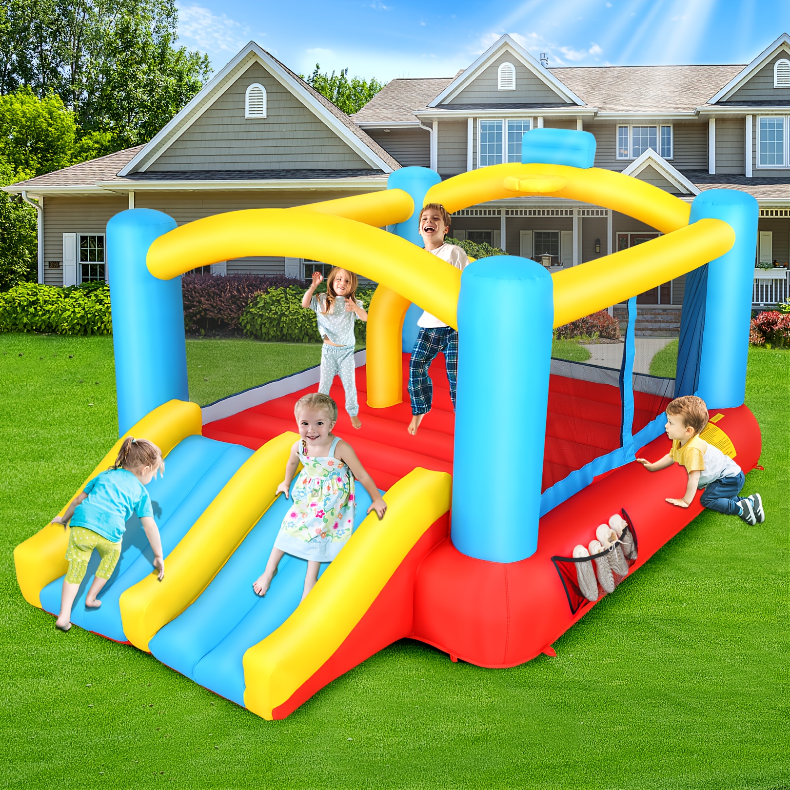 Inflatable Bounce House For Kids, Bounce House With Double Slide Obstacle Bouncer, Indoor/outdoor Jump 'n Slide With Blower For Birthday Party Christmas Gifts