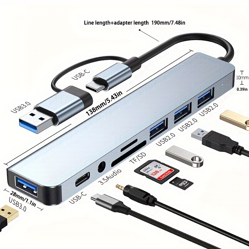 

3.0 High Speed Usb Splitter 8-in-1 Usb Extender With 4 Usb Ports And 1 Usbc Tf/sd Card Reader 3.5mm Audio Output, Suitable For Macbook Pro/ipad Pro/hp Laptops/ (1 To 8)