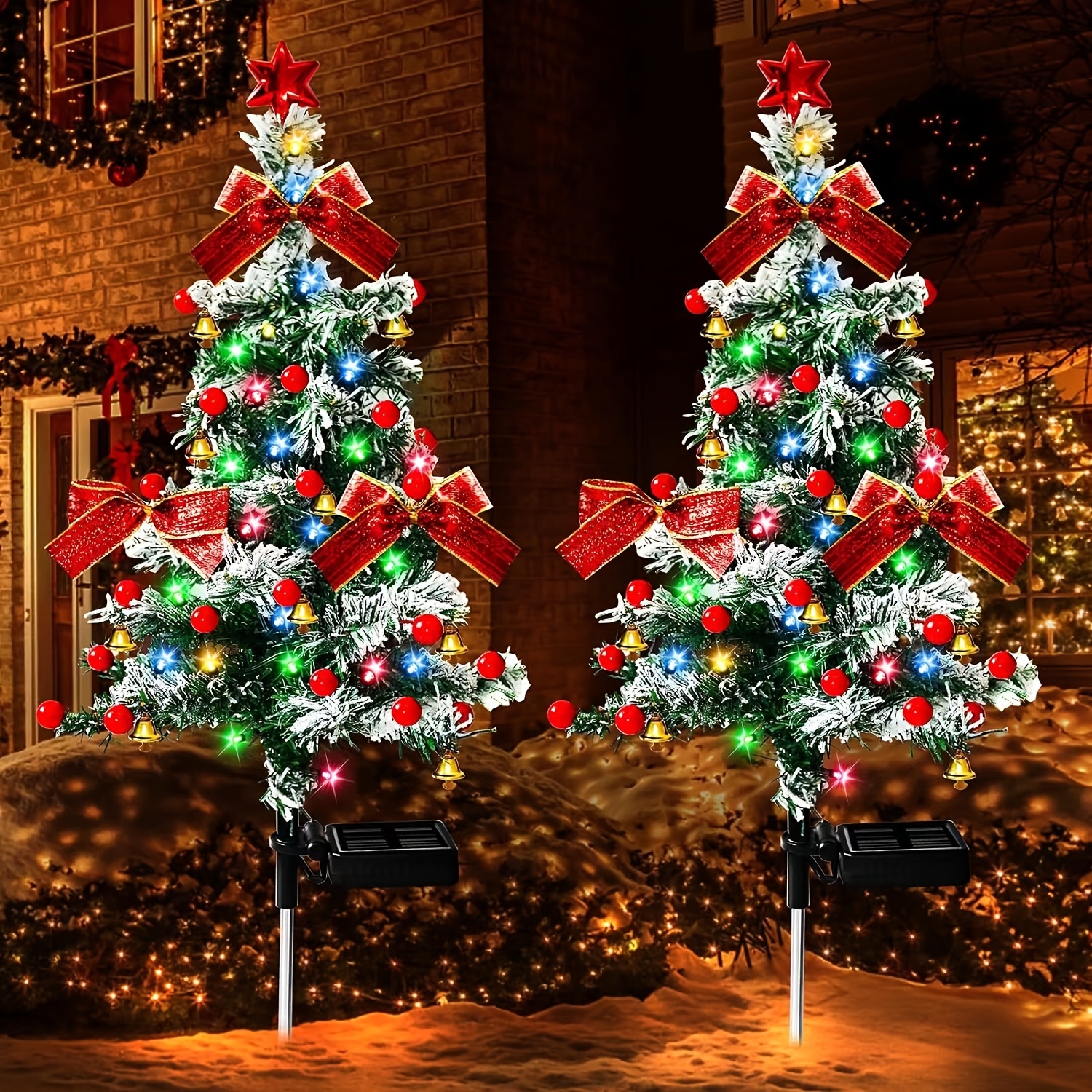 TEMU 2pcs Outdoor Christmas Tree Lights With Solar Panel & - Portable Pathway Suitable For Garden, Front Door, Porch, Cemetery Decorations, Pvc Solar
