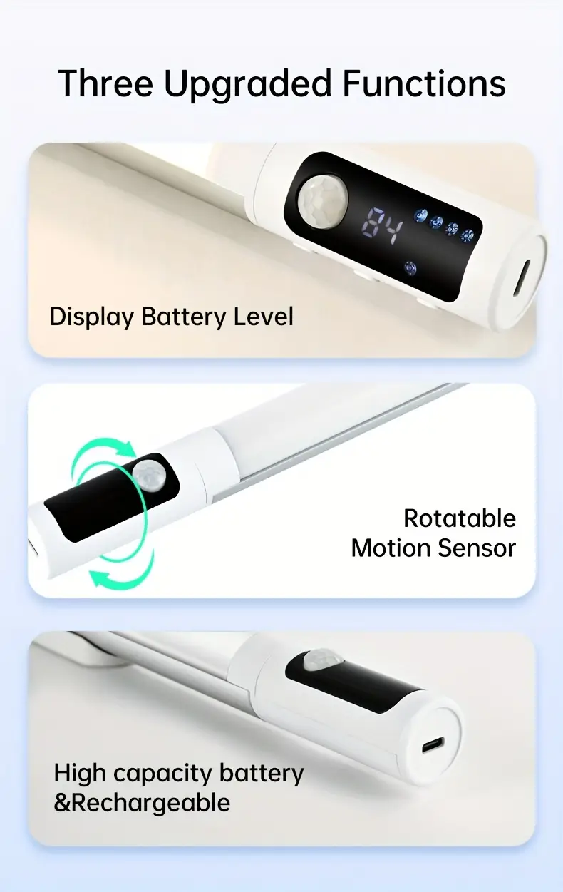 1pc modern motion sensor led light rechargeable under cabinet light with battery level display wireless magnetic freestanding wall mount for kitchen bedroom office plastic shade metal usb cable included 1200mah lithium battery infrared sensor function details 1