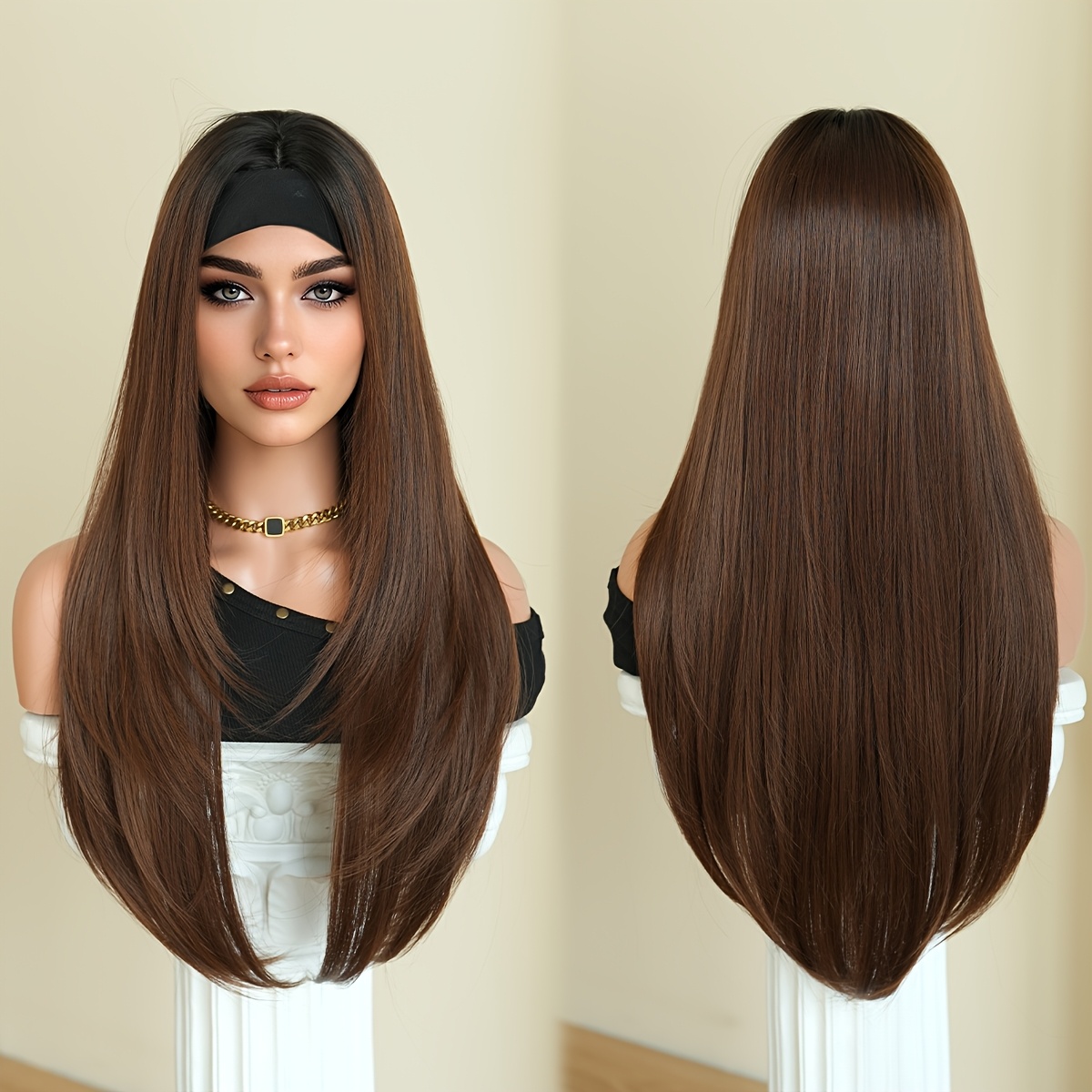TEMU Routine Wigs With Headband Long Brown Wigs For Women Daily Party Use, Glueless Heat Resistant Synthetic Fiber, Gifts For Mothers Elegant 30 Inch