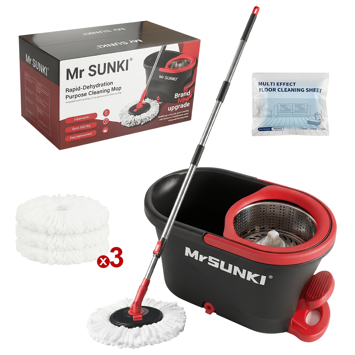 Pin Mop And Bucket Set with 3 Extra Microfiber Mop Heads And 30 Cleaning Sheets 360° Rotating Floor Mop Hands Free Foot Pedal Wringer Quick Dry Adjustable Handle for Hardwood Tile Laminate Kitchen Bathroom Cleaning