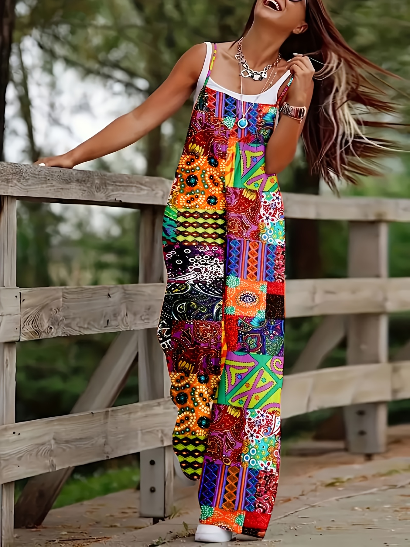 bohemian tribal print women's sleeveless jumpsuit vibrant Temu