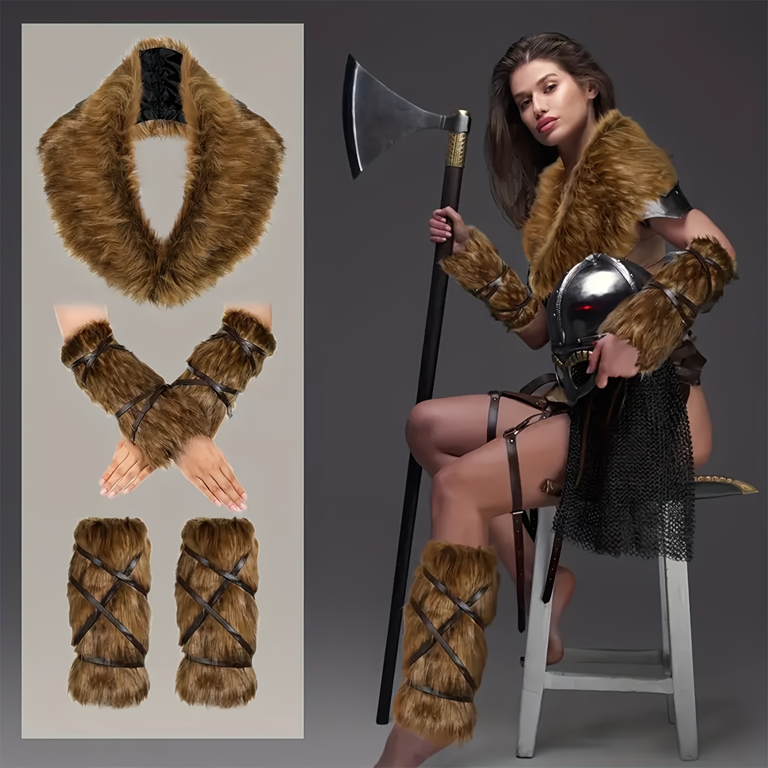 TEMU 5pcs Set Costume Accessories Set, Brown Fur Shawl & Leg Sleeves & Wrist Guards, Halloween Cosplay Photo Props, Larp Party Supplies, Stage