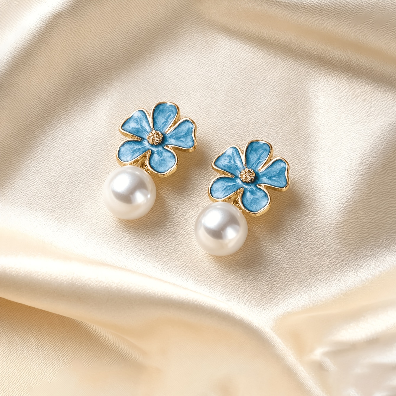 3 Pairs Retro Blue Flower Imitation Pearl Drop Earrings Set