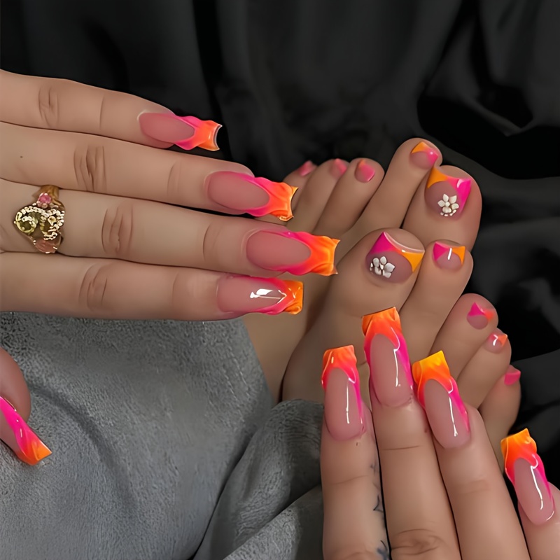 Image of 48pcs/2set Square Press On Nails And Toenails Orange Tip Nails 3d Art And Flowers Minimalist Style Glossy Full Cover For Women Summer Nails Art Supplies Daily Wear