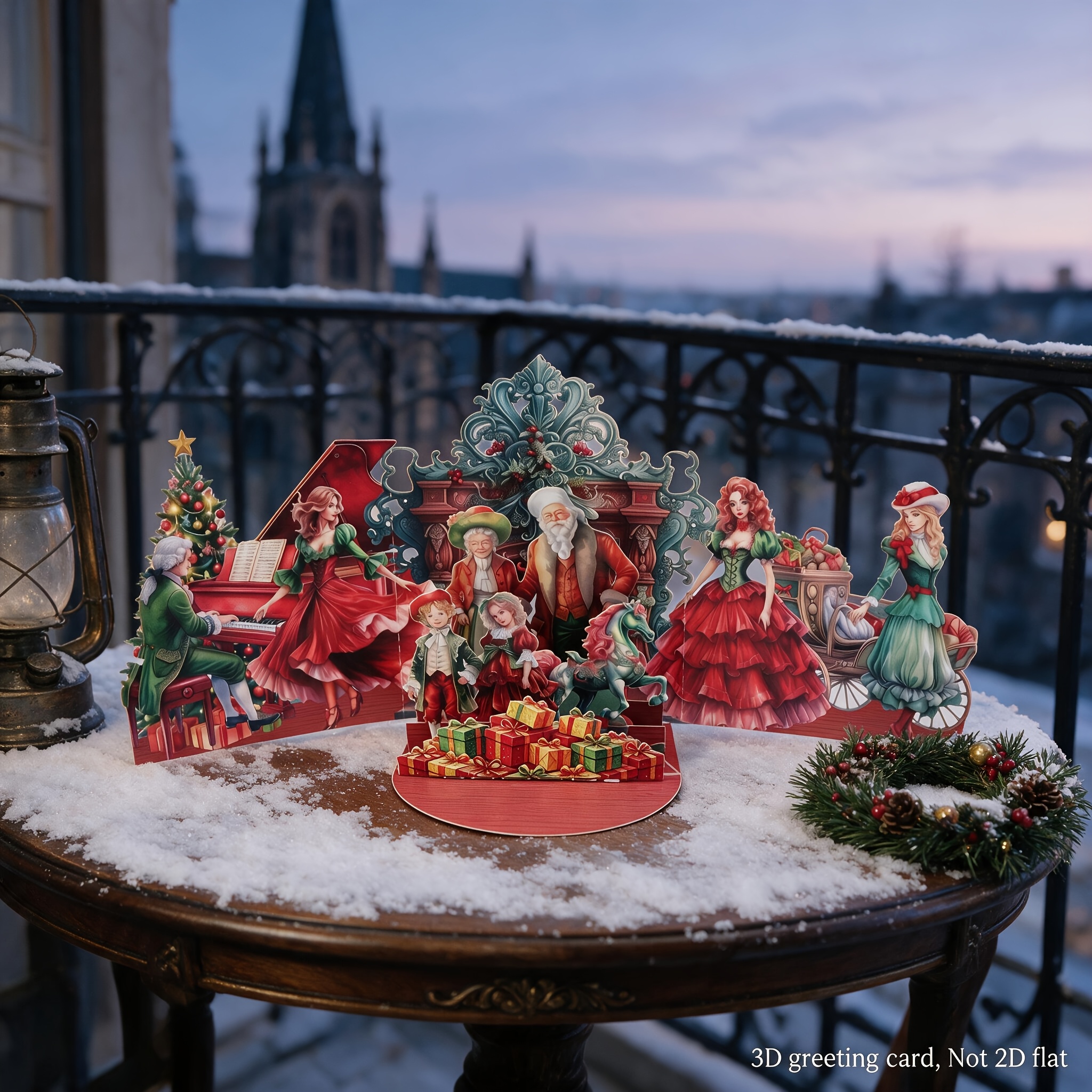 TEMU Victorian-style 3d Christmas Greeting Card With Envelope - Foldable Suitable For Adults, Vintage Carriage & Carousel Scenes, Personalizable
