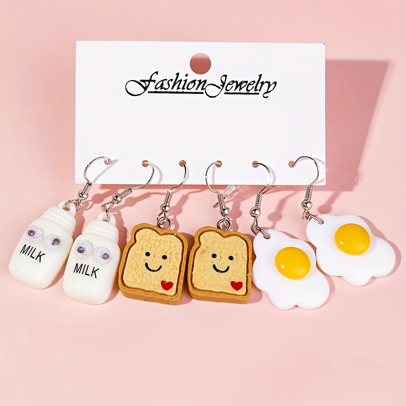 

3 Pairs Cartoon Milk Bottle Bread Slice Egg Resin Earrings For