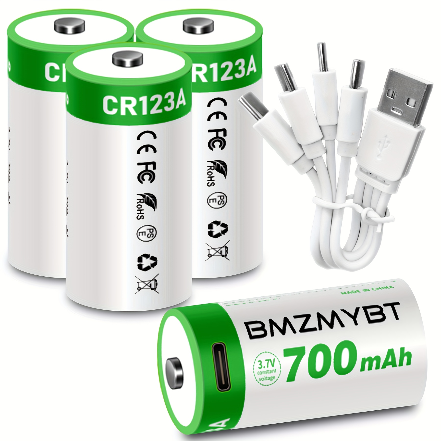 Polnilne baterije CR123A 4 , baterija CR123A/CR17345/16340, USB/Type-C CR123A polnilna litij-ionska baterija, visoka zmogljivost 3,7 V 2500 mWh