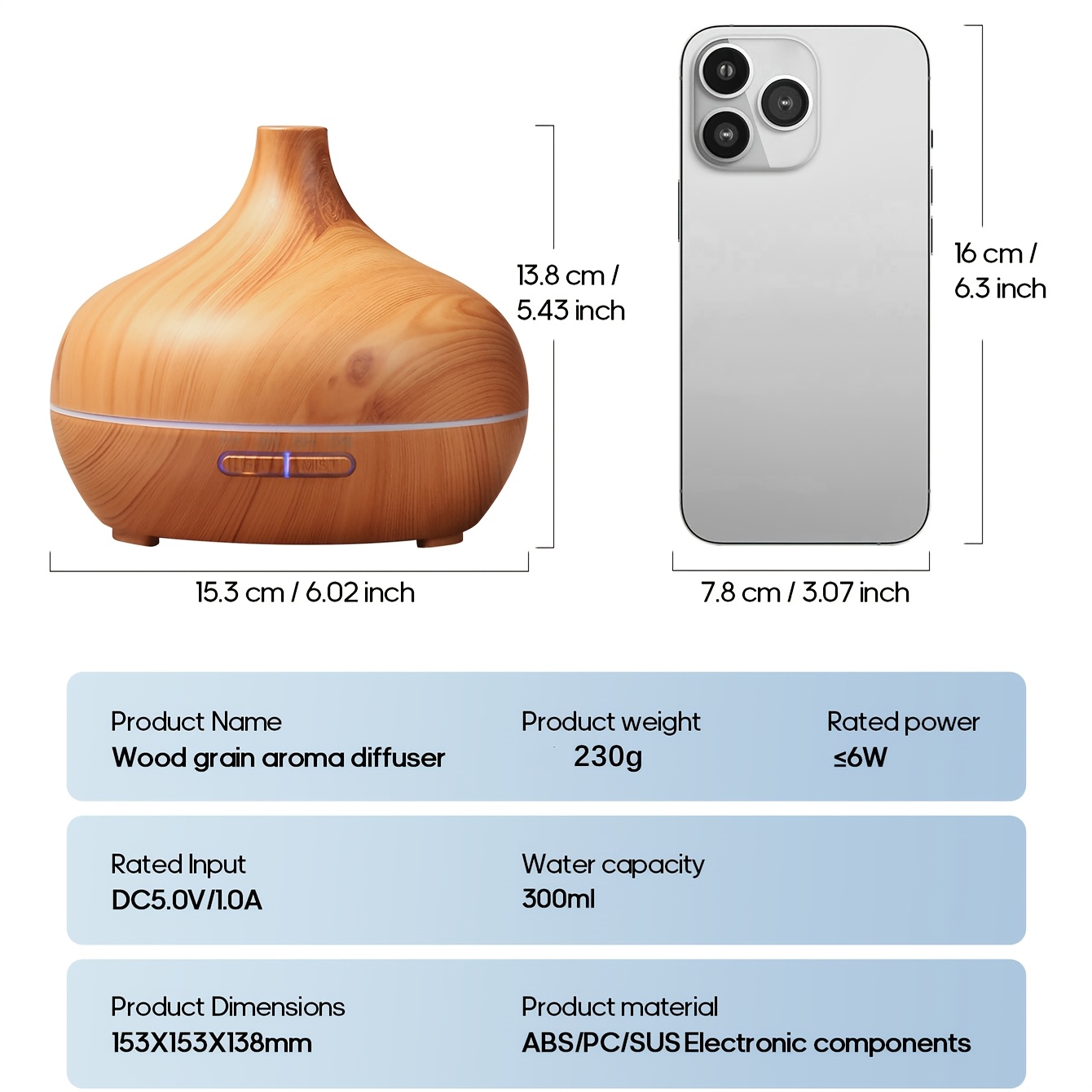 Difuzor de Aromă cu Textură de Lemn 300ml, Alimentat prin USB, 3 Stiluri (Lemn Închis/Deschis, Marmură), Lumini de Atmosferă cu 7 Culori și Timer, Operare Simplă cu Butoane Fără Telecomandă, Tehnologie Soundwave Silențioasă, Oprire Automată la Uscare, Umidificator de Uleiuri Esențiale pentru