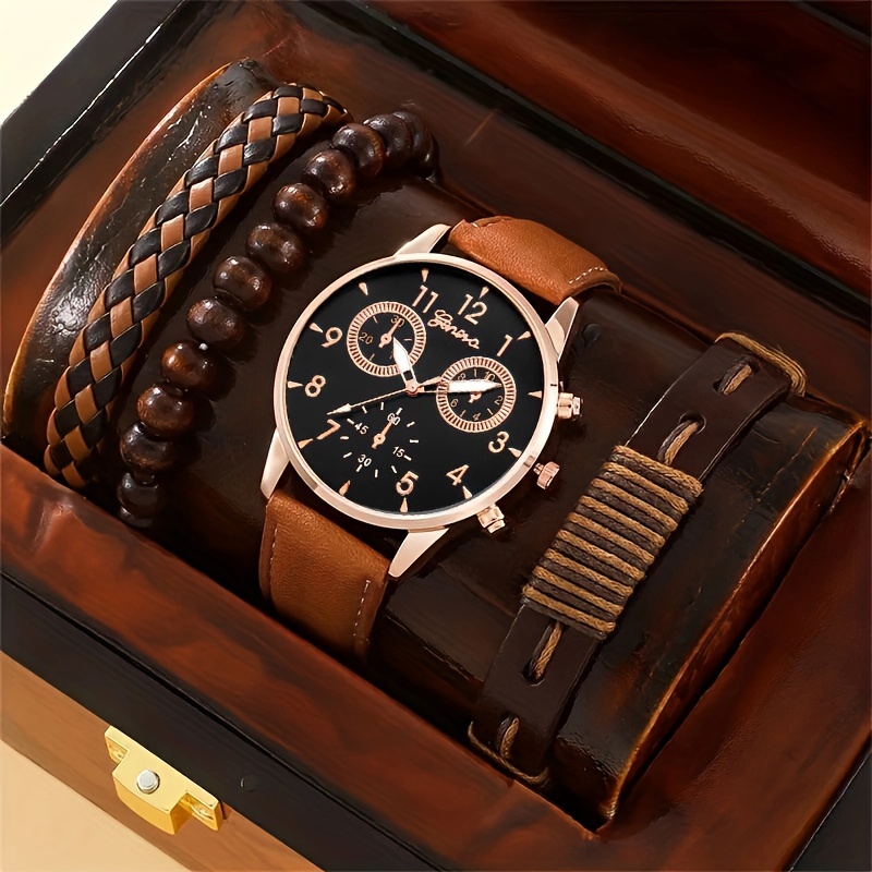 腕時計 メンズ セット ビジネスカジュアル ビンテージ ファッション クオーツ時計 4本セット、レザーブレスレット、男性用、多用途