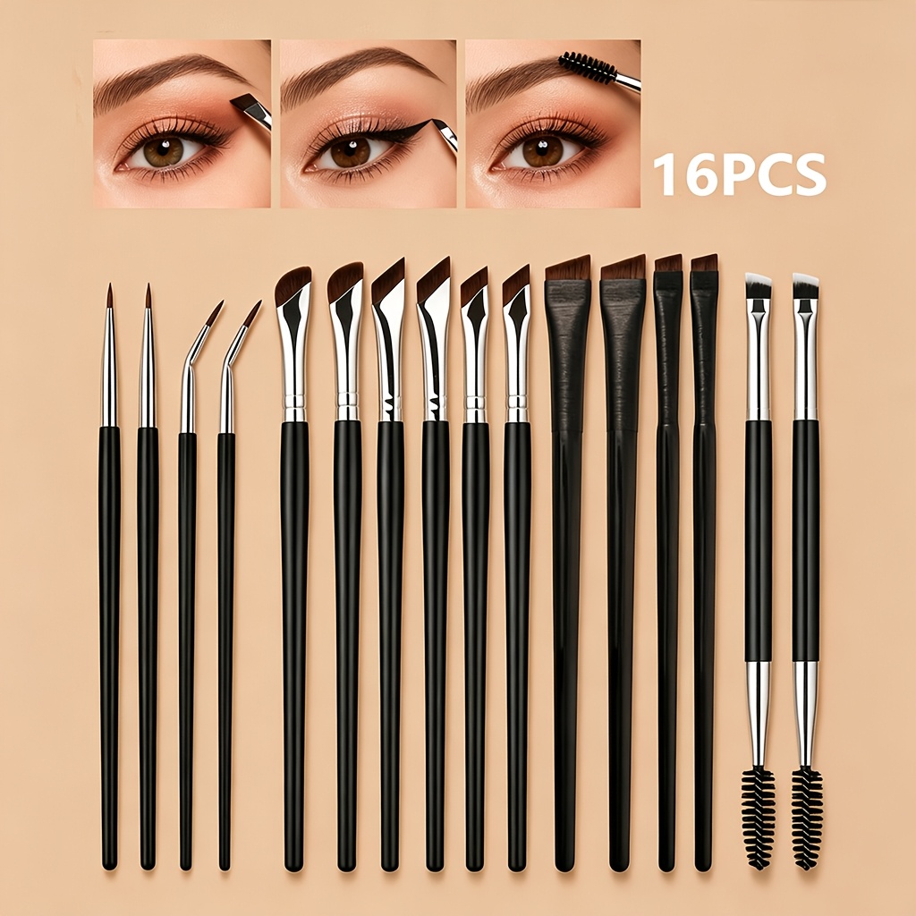 TEMU 16pcs Precision Eye Makeup Brush Set, Including Angled Eyeliner Brushes, Eyeliner Brushes, And Eyebrow Brushes, Suitable For Eyebrows, Eyeliner,