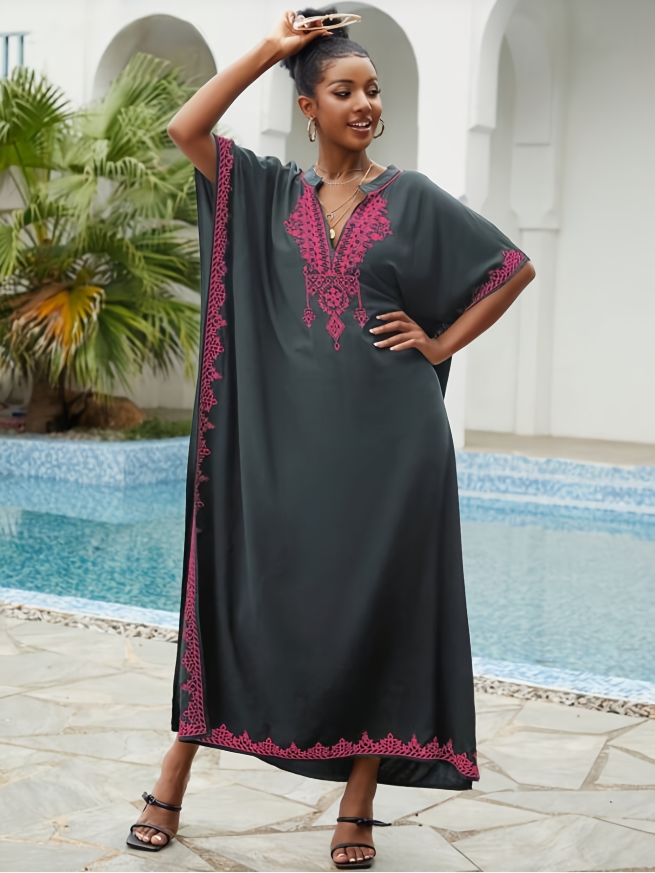 women s long robe dress v neck ethnic print kaftan dresses Temu