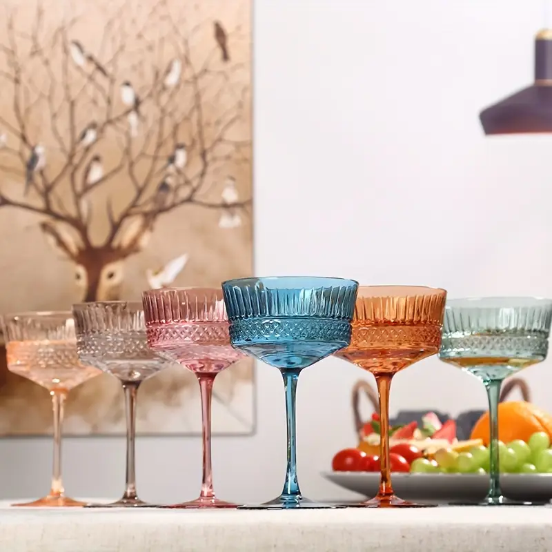 Physkoa Vintage Colored Coupe Glasses 9.3 Oz Art Deco Coupe Glasses Set