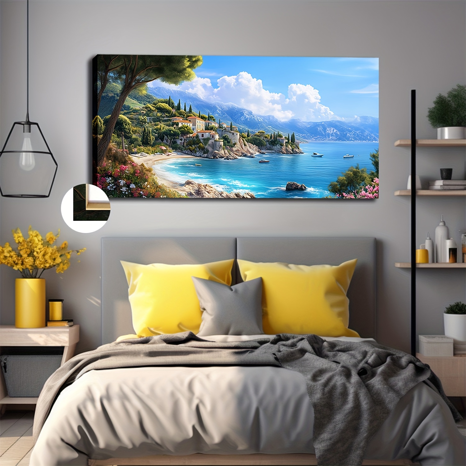TEMU Grand encadré sur toile - Scène de plage méditerranéenne bleue, et pins, idéal pour la décoration du salon, de ou du bureau, utilisation