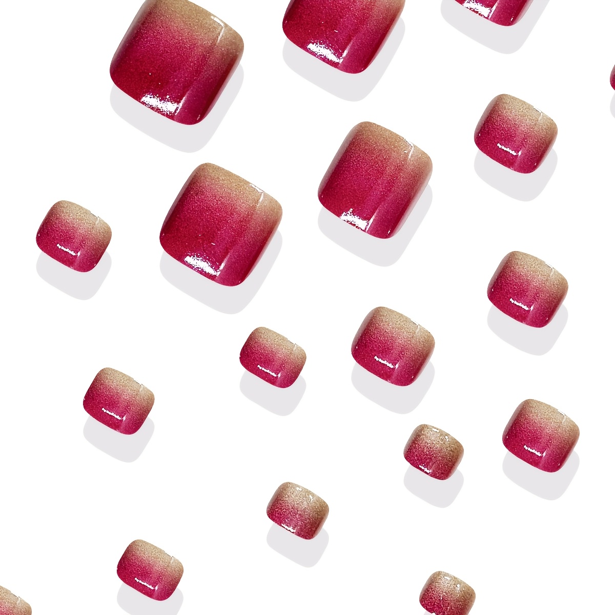 E-shop 24 Stück DANArtlux kurze quadratische Press-On-Nägel für Damen – Transparente Katzenaugen-Rosarote glänzende künstliche Zehennägel mit voller