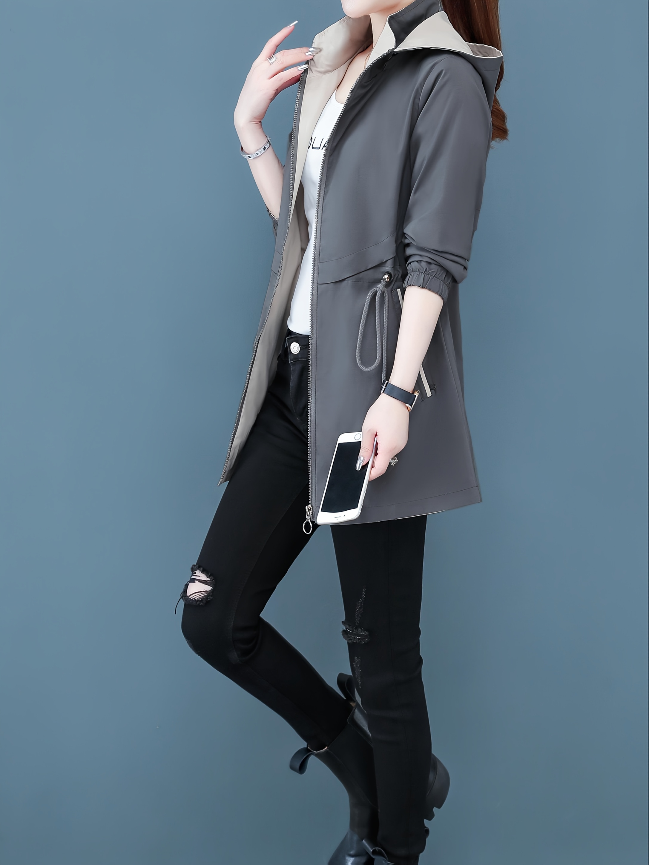 Abrigo Tipo Trench con Capucha Reversible para Mujer - Chaqueta Ajustada y Casual con Bolsillos Cremallados, Uso Doble Cara, Beige y Granate, Poliéster Ligero para Primavera/Otoño - Imagen 7
