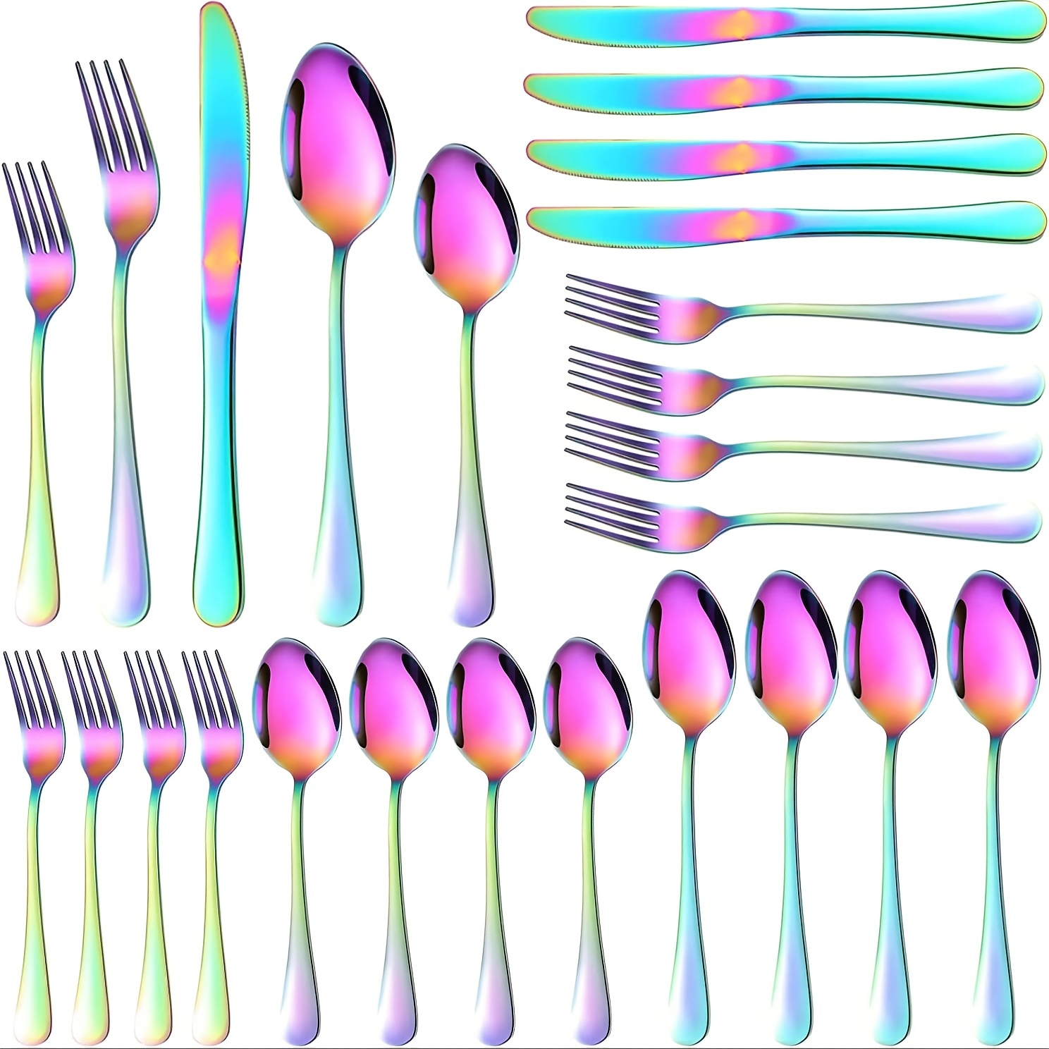 

20 Piece Set Of Rainbow Silverware, 4 Piece Set, 18/0 Stainless Steel Colored Tableware Set, Mirror Polished Rainbow Tableware Set, Rainbow Silverware Set, Rainbow Spoon And Fork Set