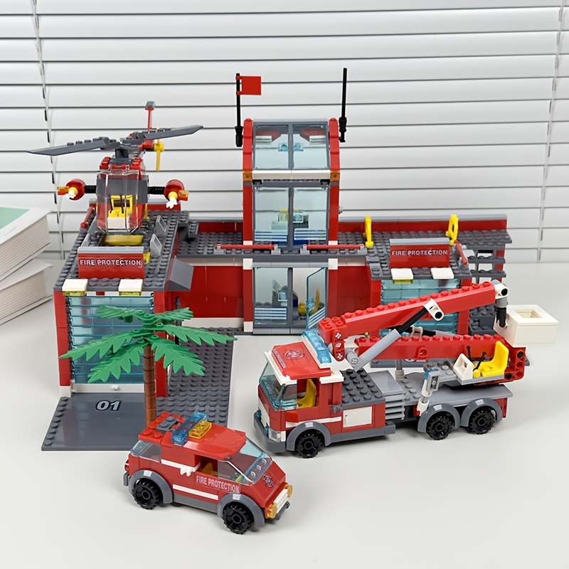 Station Model Building Blocks Firefighter Truck Helicopter Educational City Construction Bricks Toys, For Children Boy Gift