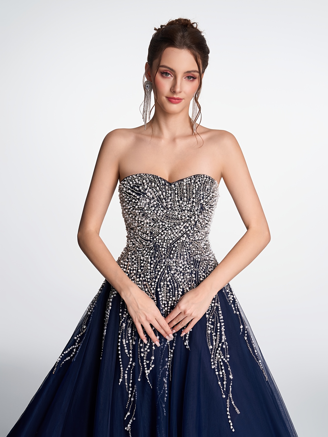 deep sea fringe navy blue beaded evening gown halter neck