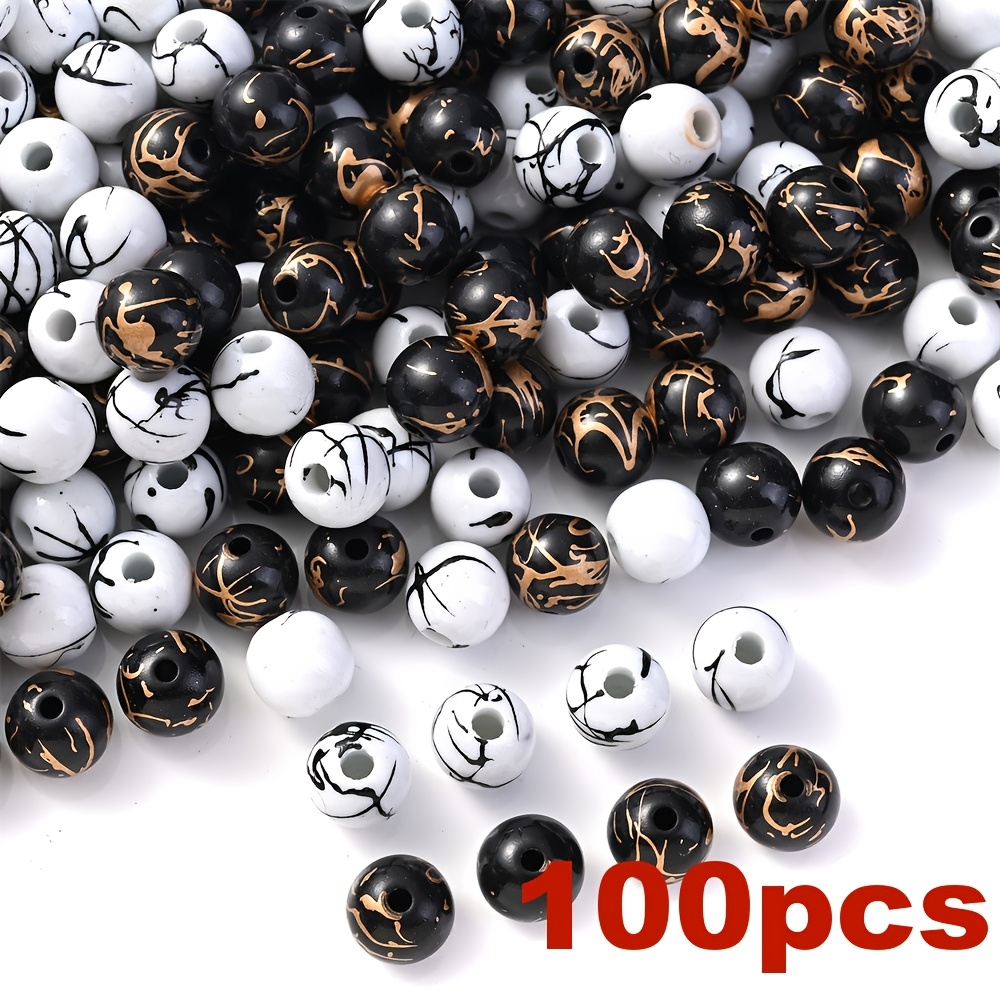 Image of 8mm 100pcs Random White Black Round Beads Acrylic Golden Color Wire Drawing Pattern Beads For Jewelry Making Diy Chain Accessories