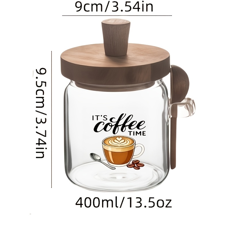 TEMU 2pcs 1 Jar + 1 Scoop Cute Pattern Glass Coffee Bean Storage Jar - Suitable For Coffee Beans, Spices, , Seasonings, Storage - Airtight Freshness