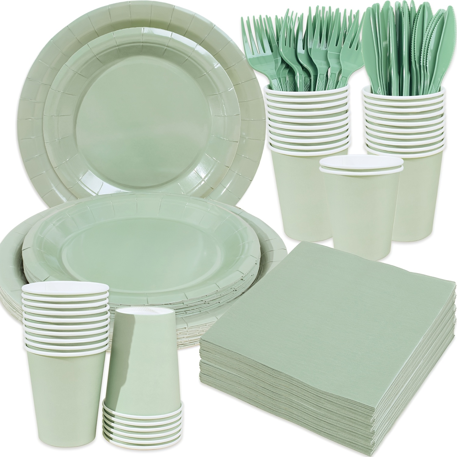 TEMU Classic Sage Green Party Tableware Set, 48 Disposable Paper Plates, 24 Cups, 24 Napkins, 24 Plastic Knives & 24 Plastic Spoons, Ideal For Bridal