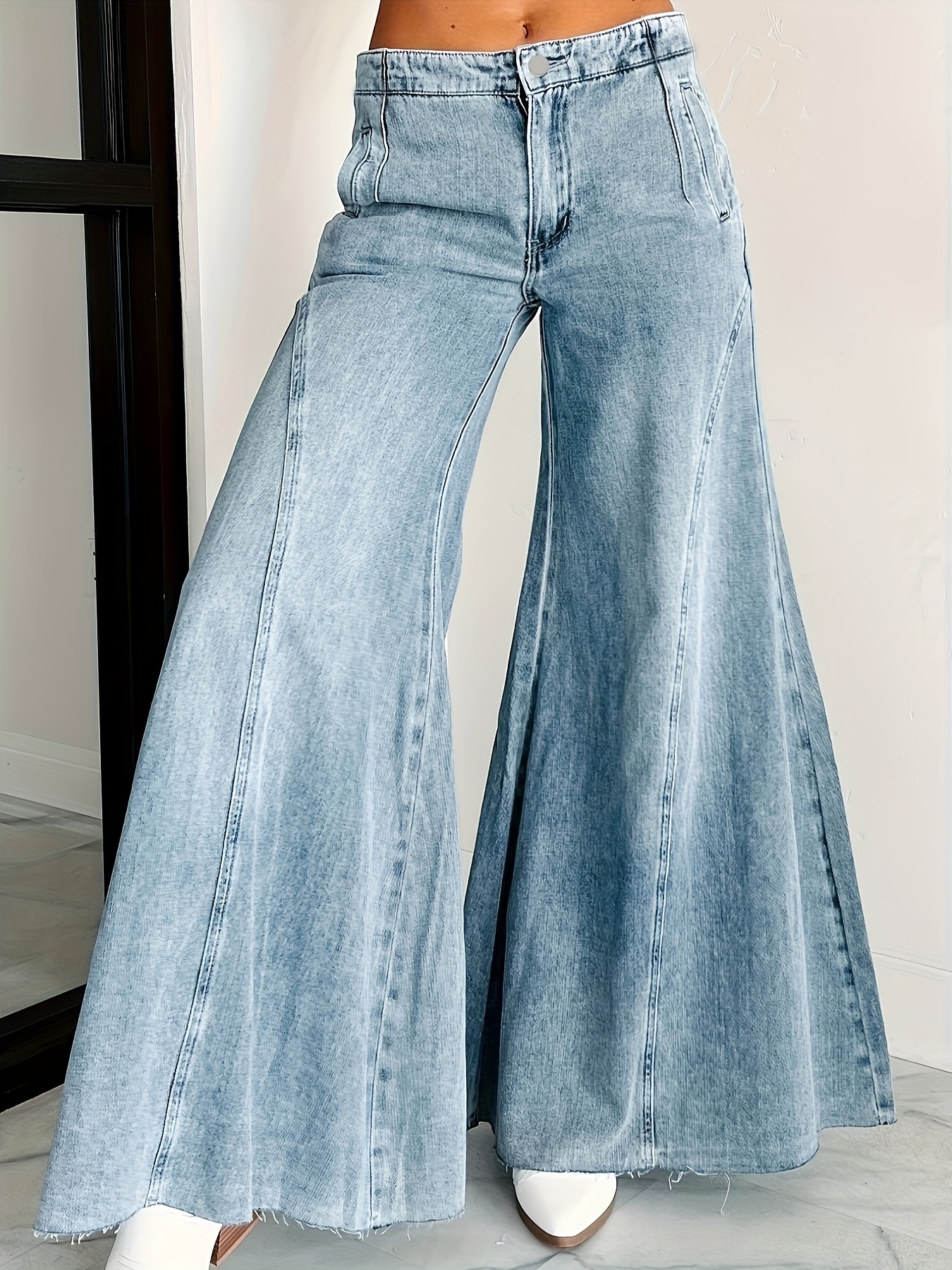 s wide leg bell bottom jeans high waisted stretch blue Temu